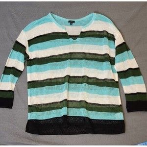 Talbots Womens Plus Size 1XP Linen‎ Blend Long Sleeve Sweater Striped Open Knit